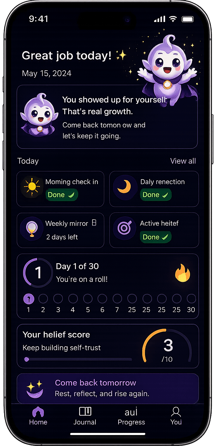 AetherMind belief score progress over 30 days